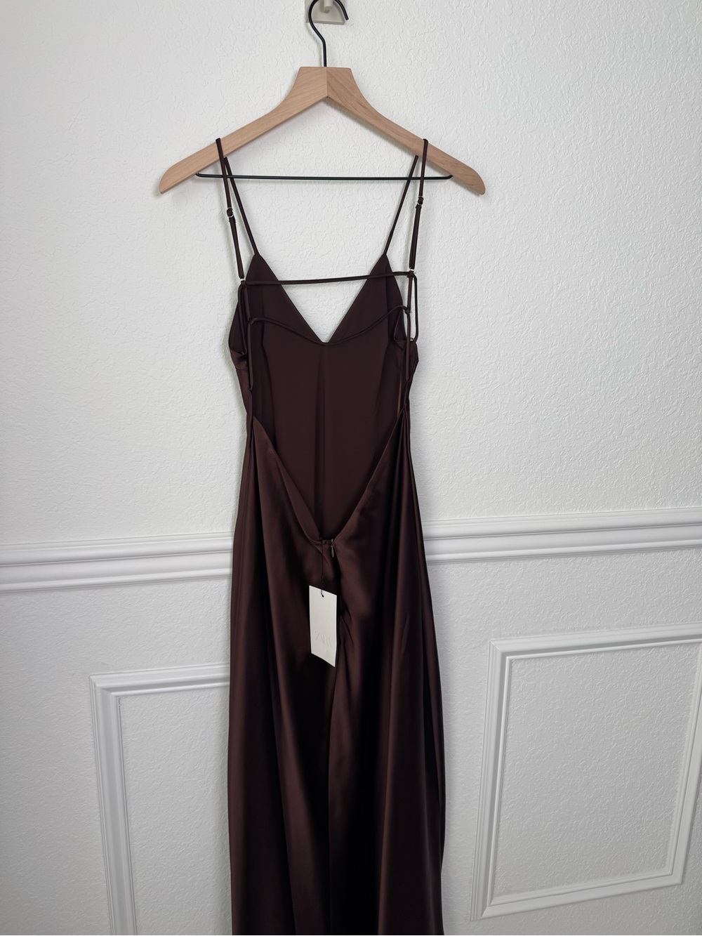 NWT Zara Chocolate Brown Satin Strappy Maxi Dress Size L - Picture 4 of 6